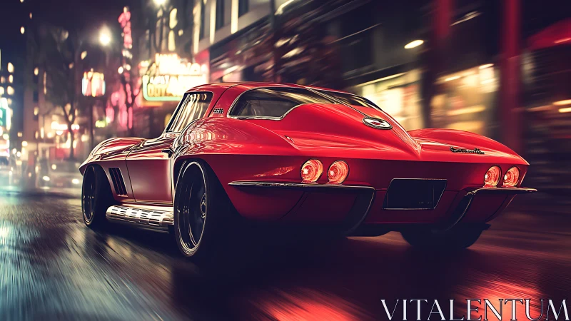 Scarlet street rocket slicing neon-soaked midnight cityscape.