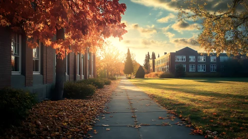 Warm autumn sun gently lights a quiet college walkway