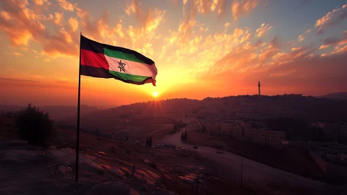 Sunlit flag ripples over a tranquil hillside city at dusk