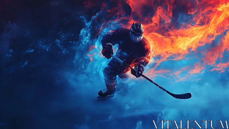 Hockey player skating through fiery and icy abstract scene.