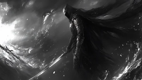 Dark warrior drifting through swirling stormlight.