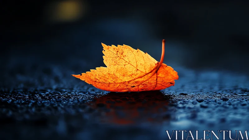 Single orange leaf on wet dark surface at close range.