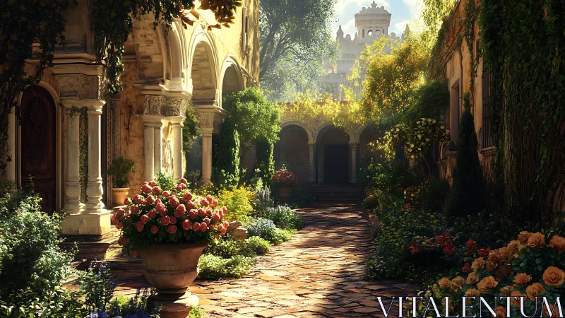 Sunlit courtyard garden with flowers and quiet arches.