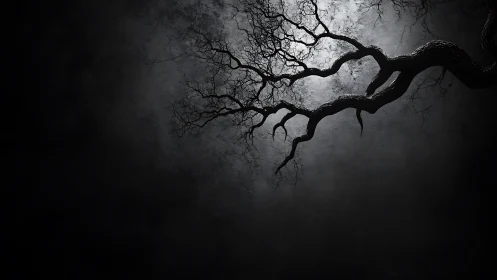 Moonlit bare tree branch curves through dense night fog.