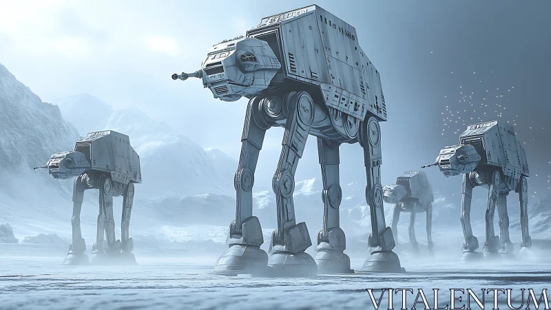 Imperial walkers advance through icy battlefield haze.
