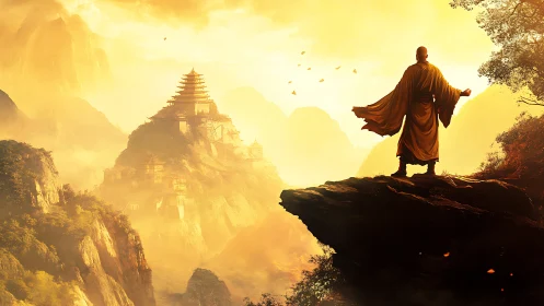Monk overlooking luminous mountain temple at sunrise.