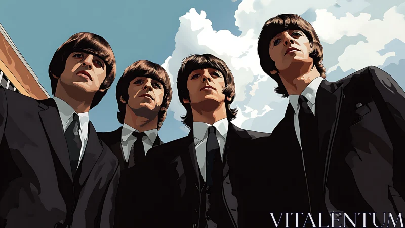 Stylized quartet in suits under expansive clouded sky.