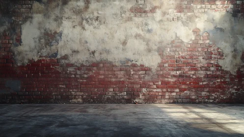 Weathered brick wall with partial plaster and concrete floor