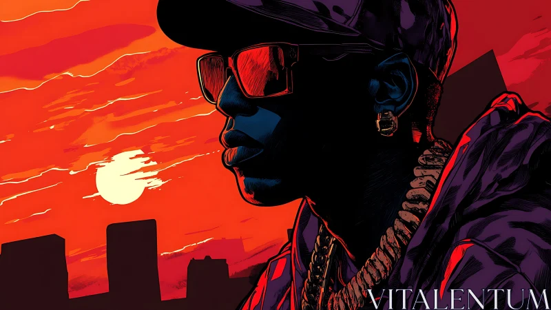 Urban rapper portrait under neon red sunset sky.