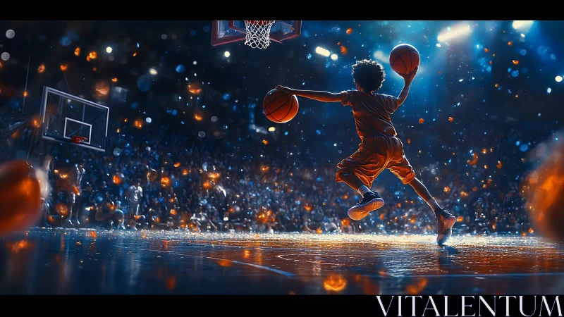 Young player soaring toward hoop on glowing court at night.