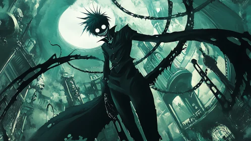 Sinister shadow figure dominates decayed teal cathedral