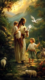 Gentle shepherd walks with children and doves in golden light