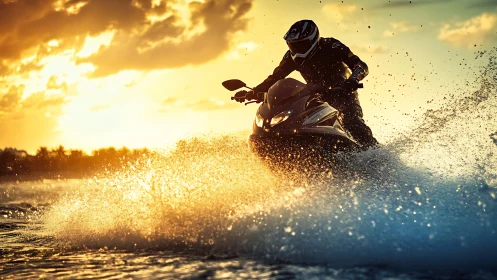 Jet ski rider cuts through golden sunset waves in motion.