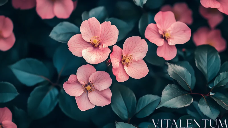 Soft Pink Blossoms Flourish Among Emerald Foliage.
