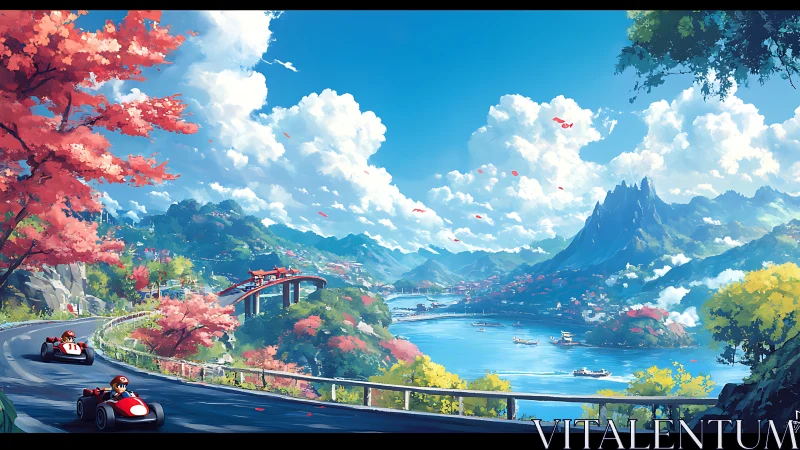 Kart racers traverse coastal mountain switchback under volumetric clouds