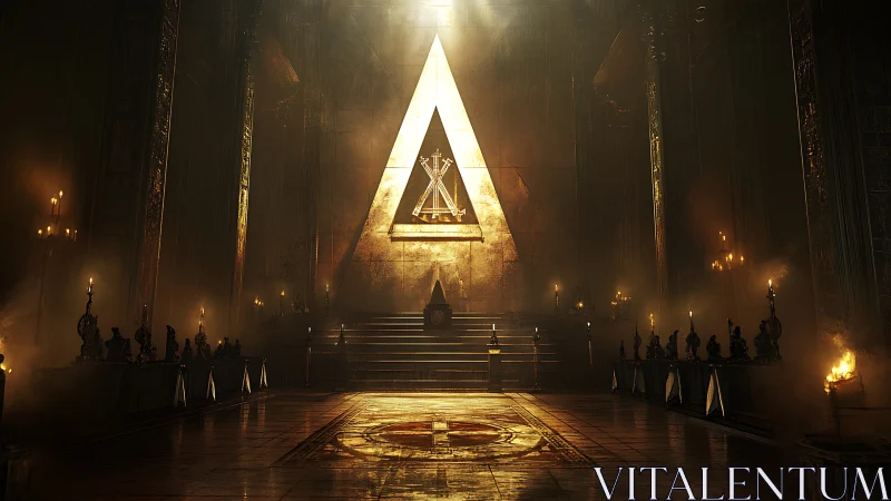 Golden triangular altar in dark grand ceremonial hall.