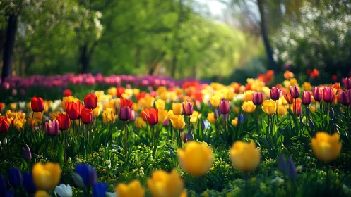Spring Tulip Garden: Depth-Focused Floral Composition in Warm Hues.