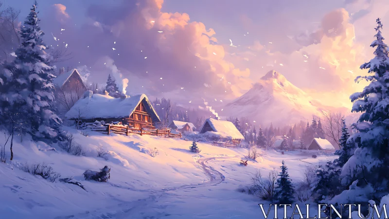 Cozy snowy mountain village glowing in gentle sunset light.