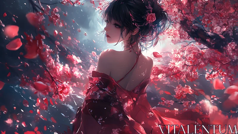 Girl in red kimono under swirling cherry blossoms.