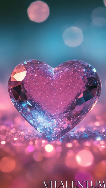 Glowing crystal heart sparkling with dreamy pastel light.