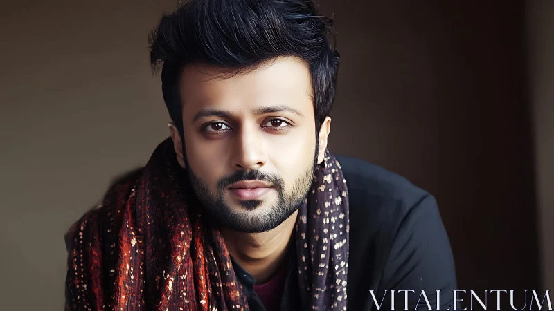 Gentle gaze leans forward wrapped in patterned autumn warmth