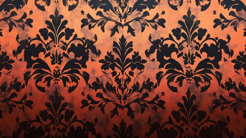 Ornate damask silhouettes on distressed orange ground.