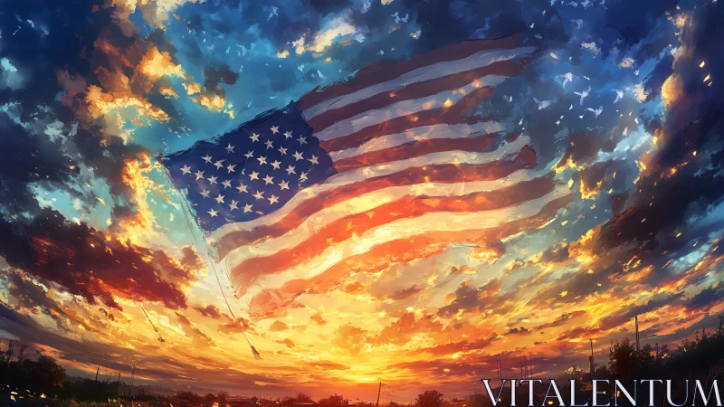 Flag of stars sailing through a firelit American sky.