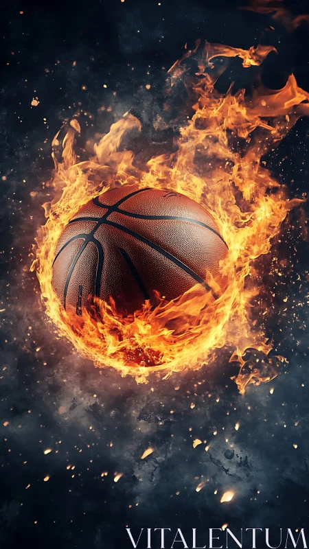 Basketball is rendered in midair encircled by controlled flames