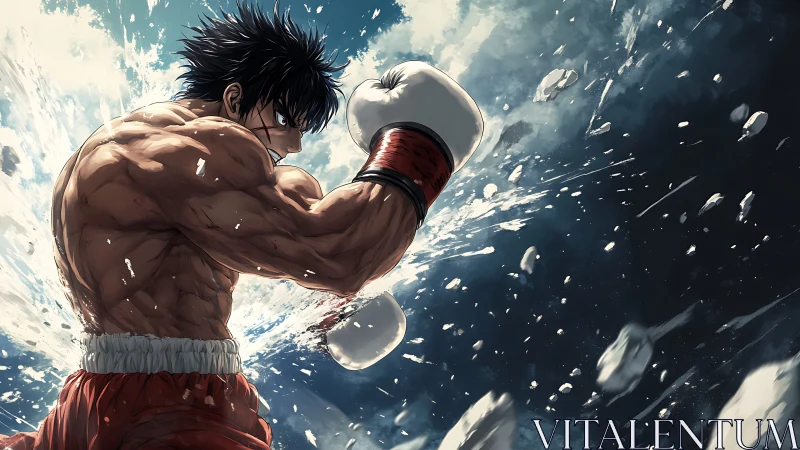 Shirtless boxer in fighting stance throws punch at incoming projectiles.