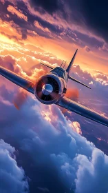 Vintage fighter plane cuts through blazing sunset clouds.