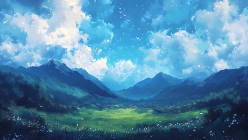 Soft sky valley under bright blue dreaming mountains.