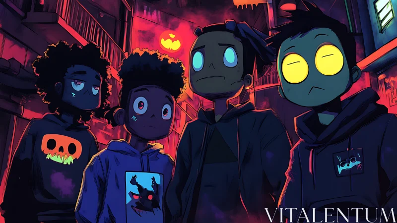 Neon-lit urban alley with stylized teens in spectral hoodies