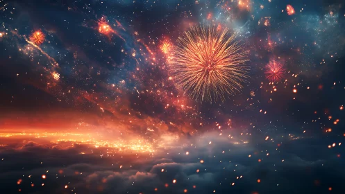 Celestial fireworks explode above glowing cloud horizon at dusk.