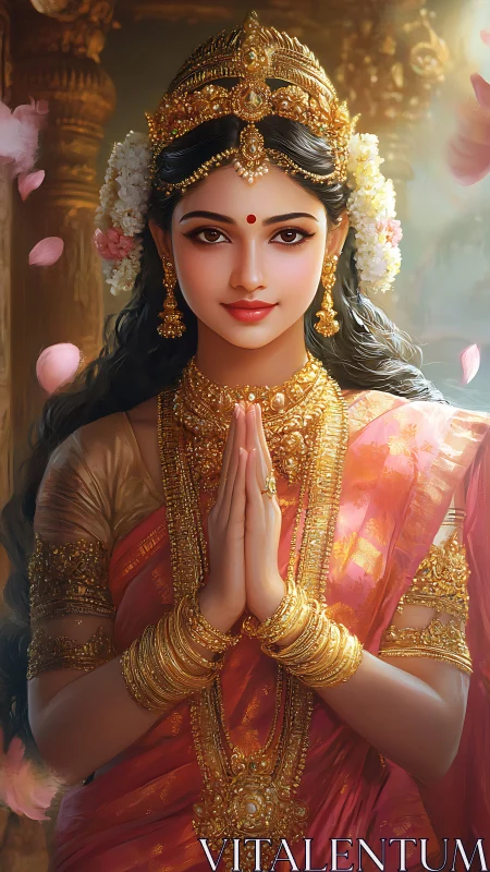 Digital portrait of Indian woman in ornate bridal regalia, namaste