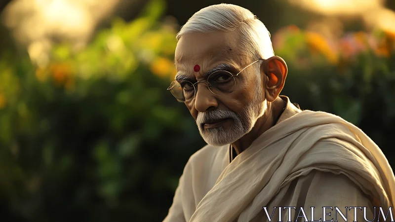 Elderly Indian scholar in cream drape under golden sunset light.
