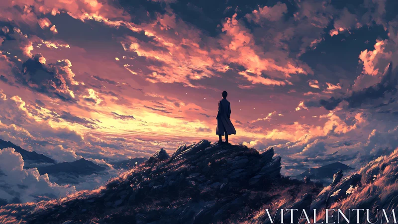 Solitary figure on mountain ridge under vivid sunset sky.