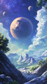 Fantasy vertical landscape with celestial tri-planetary sky.