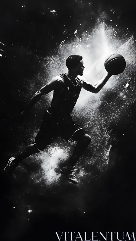 Dynamic black and white action shot of basketball player