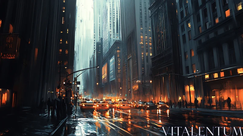 Neon rain city street with glowing taxis at dusk.