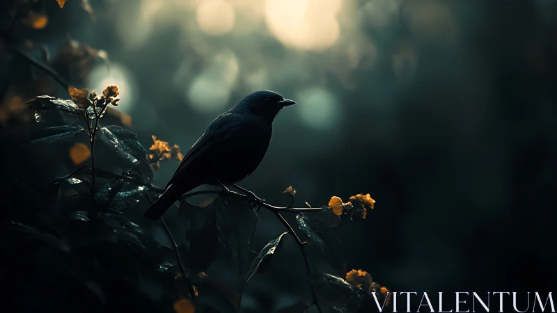 Moody silhouette of a bird perched on a branch in soft evening light.
