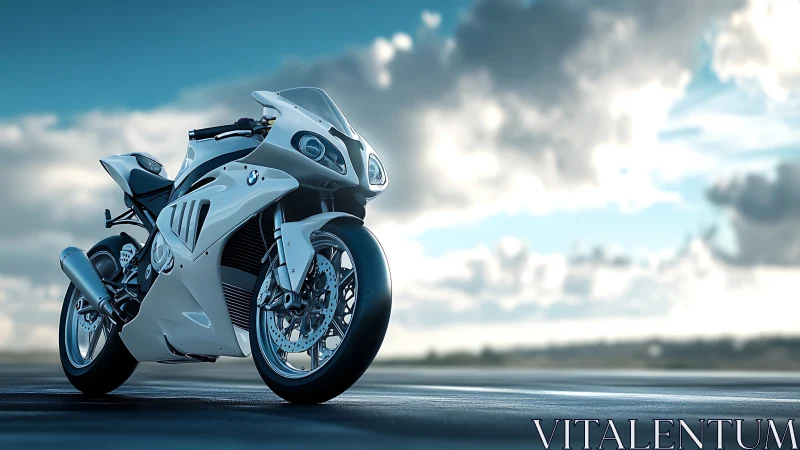 Sunlit sport motorcycle waiting beneath wide open skies.