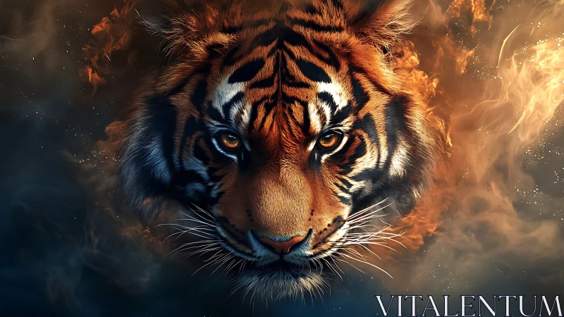 Tiger head emerges through swirling fire and smoke field