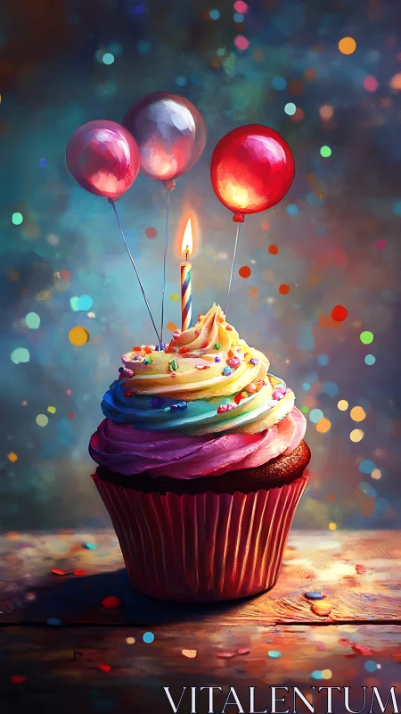 Magical Birthday Cupcake with Glowing Balloons.