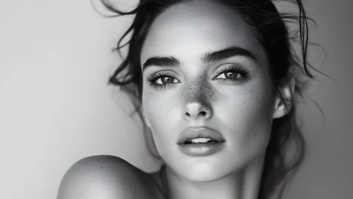 Soft-lit freckled portrait with quietly powerful gaze.