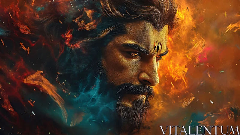 Male profile amid dual-toned fiery and smoky abstract field.