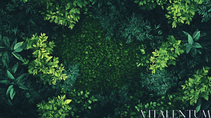 Lush overhead jungle canopy encircling dense emerald foliage.