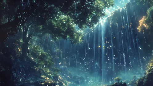 Forest waterfall scene shows vertical streams and glowing mist