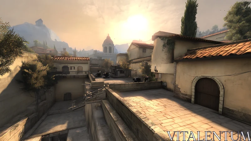 Mediterranean courtyard geometry under volumetric game lighting.