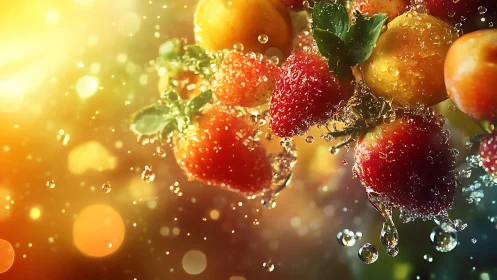 Strawberries and stone fruits suspended in splashing water