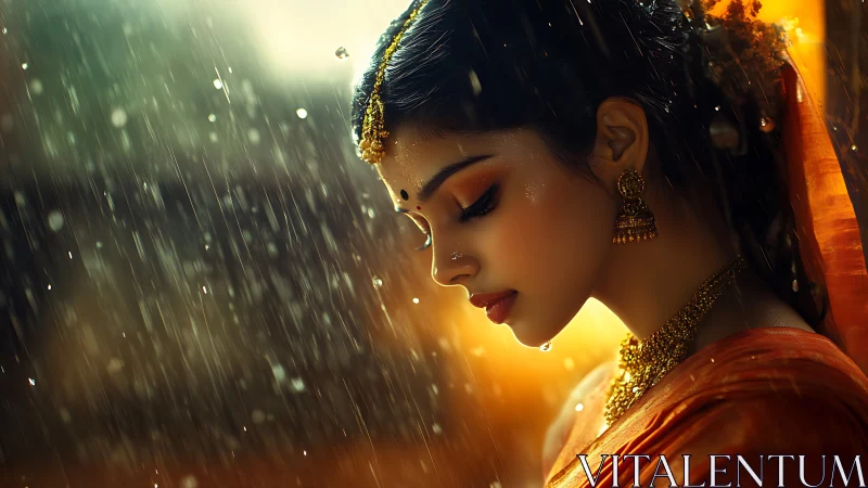 Digital portrait of woman in rain with golden light.